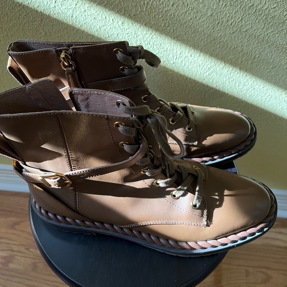 Brown Leather Lace-Up - Zip Up Combat Ankle Boots, Women’s size 10